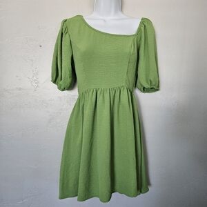 Lalaland Creative Co. Asymmetrical Neckline Green Mini Dress Quarter Puff Sleeve